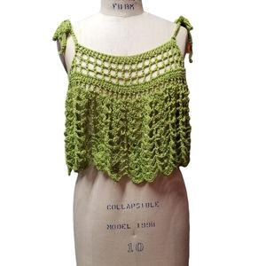 Green Chartreuse knit loose tie-shoulder boho desert fest chic crop top